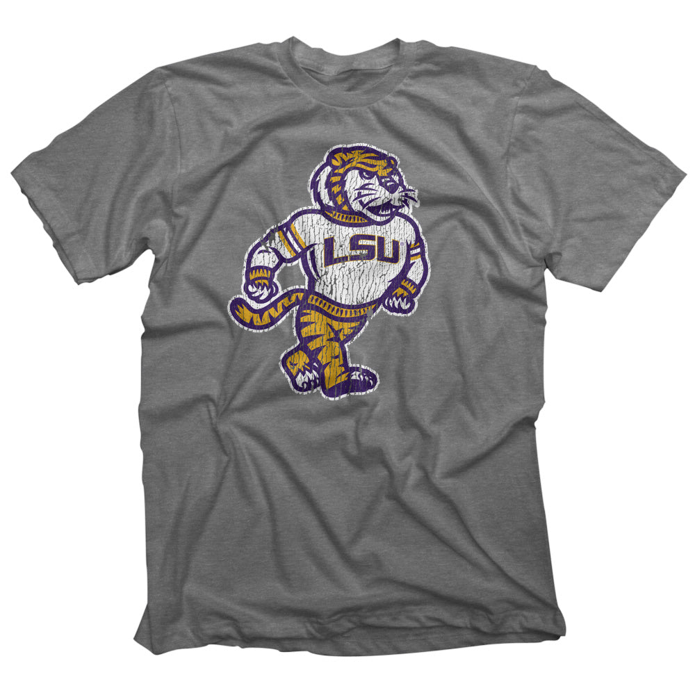 Gray t-shirt with LSU Tiger Rumbler logo on a white background